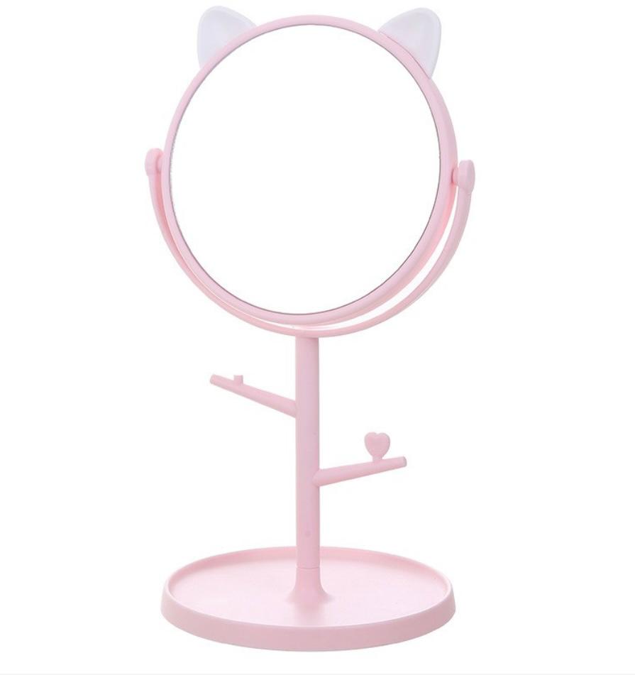 Oglindă Cosmetică HD 360° – Suport Bijuterii, Rotire Completă, Roz/Alb