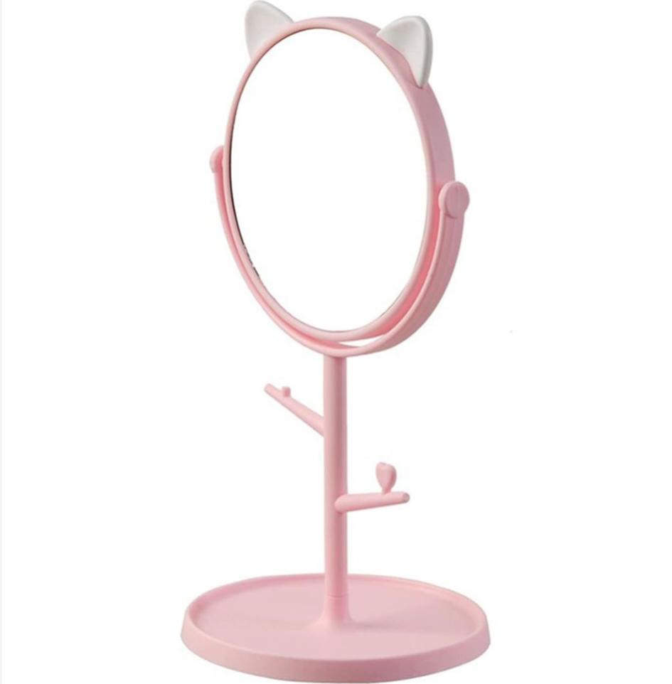 Oglindă Cosmetică HD 360° – Suport Bijuterii, Rotire Completă, Roz/Alb