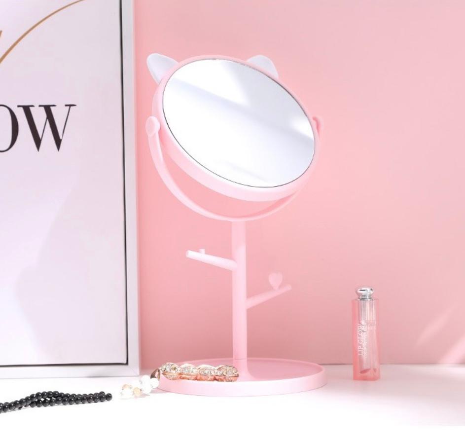 Oglindă Cosmetică HD 360° – Suport Bijuterii, Rotire Completă, Roz/Alb